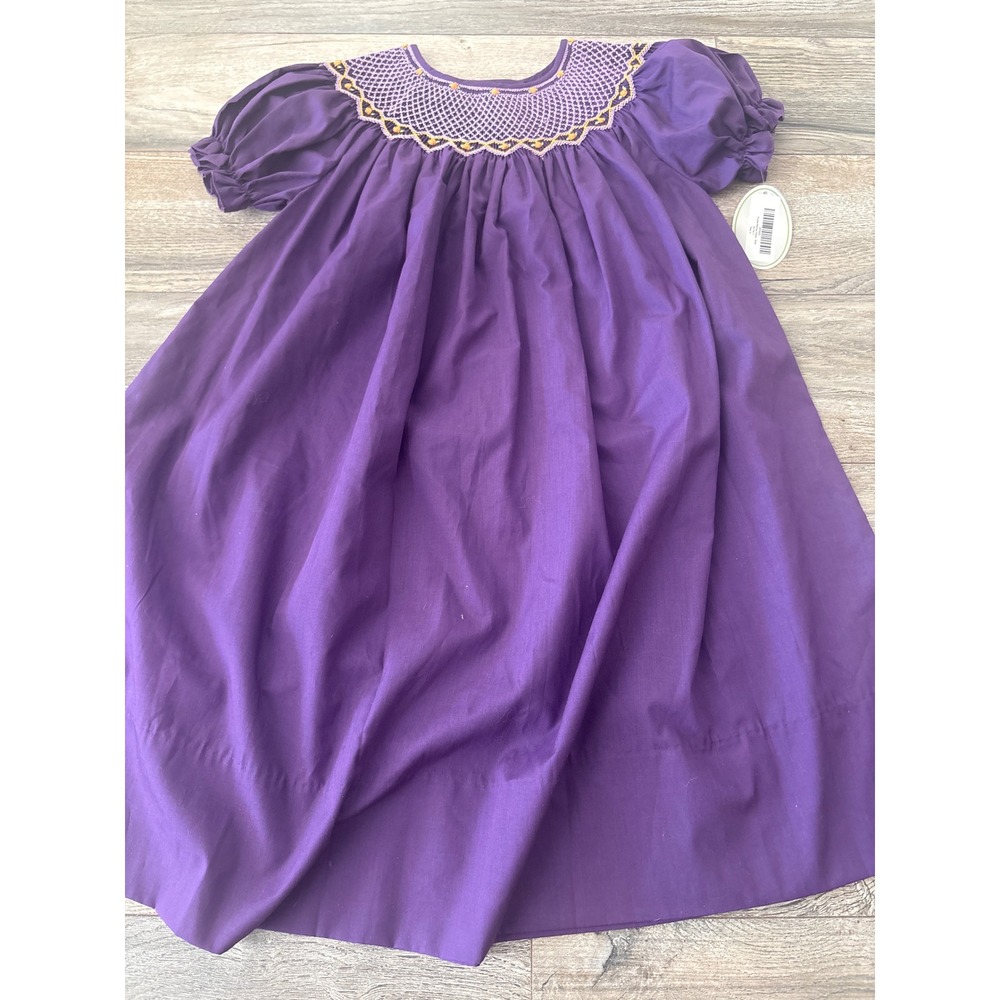 Rosalina Collections Purple Smocked Bishop Dress Girls 5Y Orange Rose Embroidery